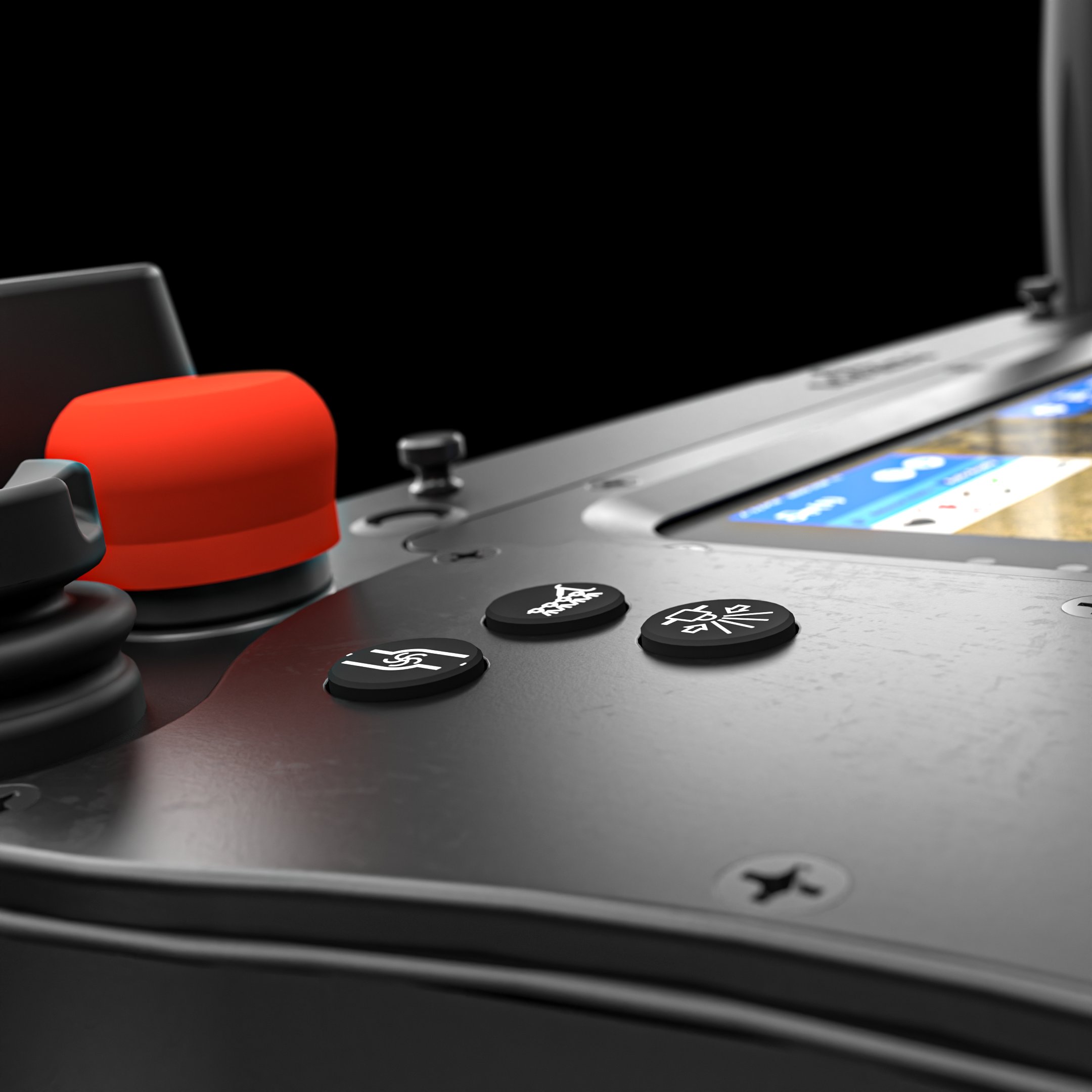 Mach Pilot close-up — E-Stop button, joystick, and configurable control switches
