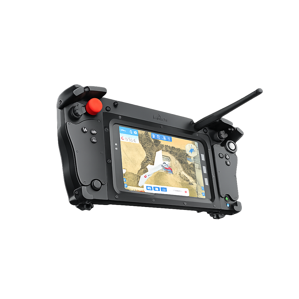 Mach Pilot front view — rugged handheld controller with touchscreen display